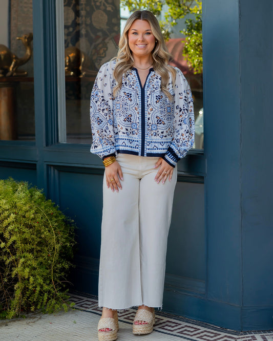 Maywood Printed Long Sleeve Blouse-Blue