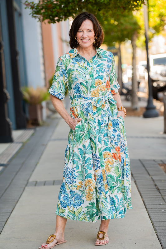 Maya Tropical Print Button Down Dress-Off White