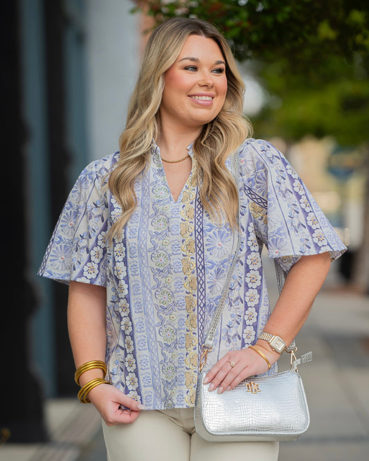 Blanche Ruffle Collar Floral Print Top-Purple