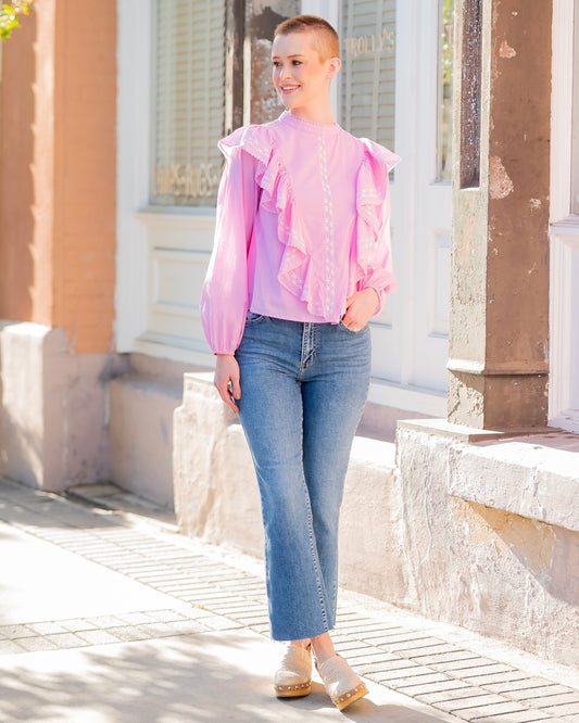 Aurora Embroidered Ruffle Front Blouse