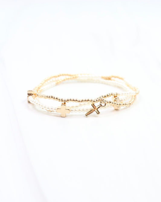 Chancy Cross and Pearl Stretch Bracelet Gold