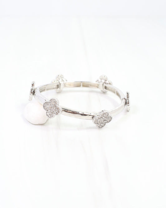 Dion CZ Clover Stretch Bracelet Silver