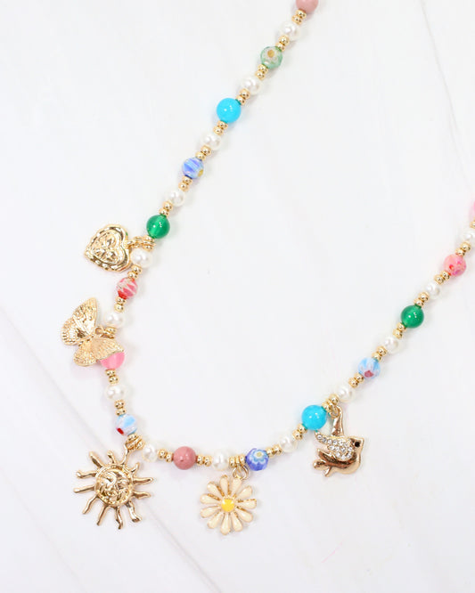 Morro Bay Mixed Bead Charm Necklace Gold