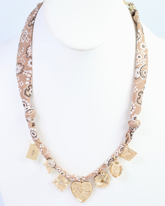 Jess Multi Charm Scarf Necklace Khaki