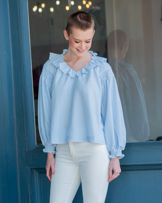 Freeport Pinstripe Ruffled Collared Blouse