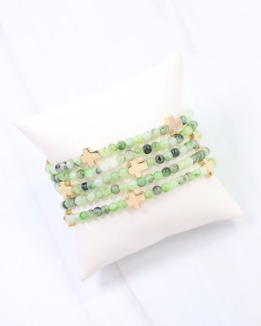 Flint Beaded Cross Stretch Bracelet Set Green