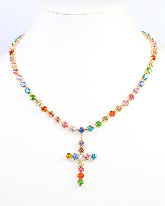 Melinda Crystal Cross Necklace Lavender Multi