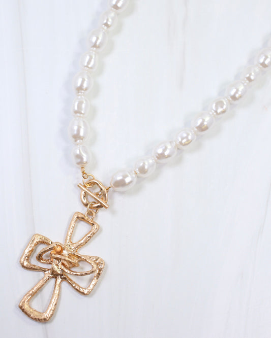Brylee Pearl Beaded Cross Pendant Necklace Worn Gold