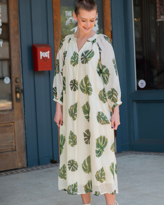 Elena Leaf Print Bubble Sleeve Dress