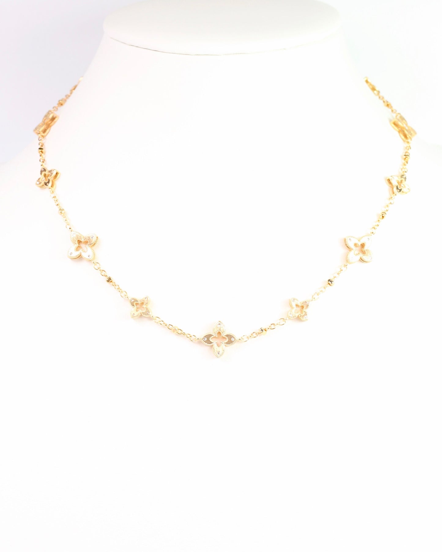 Elaina Open Textured Clover Necklace Worn Gold