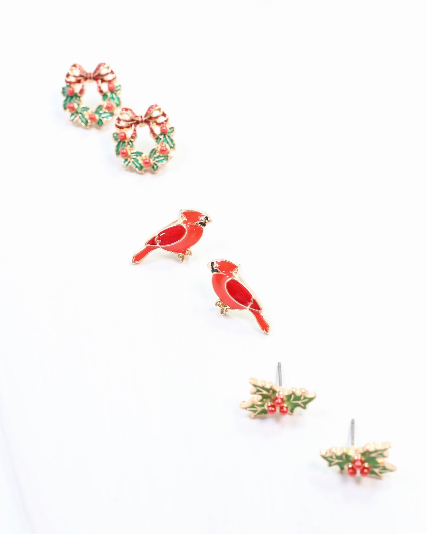 Wreath and Holly Earring Set Gold