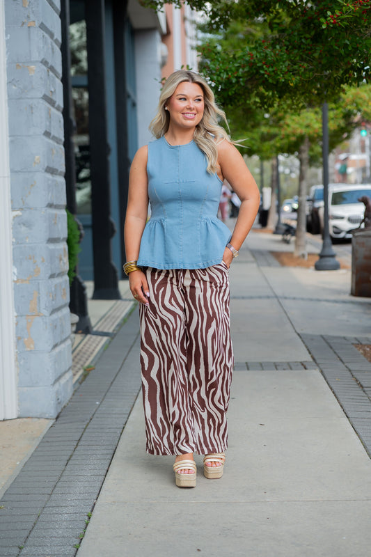 Gianna Solid Sleeveless Peplum Top-Light Blue