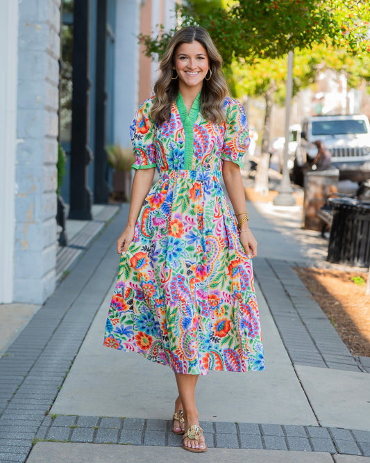 Elle Mix Floral Midi Dress with Ruffle Trim