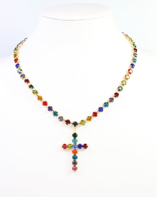 Melinda Crystal Cross Necklace Dark Multi