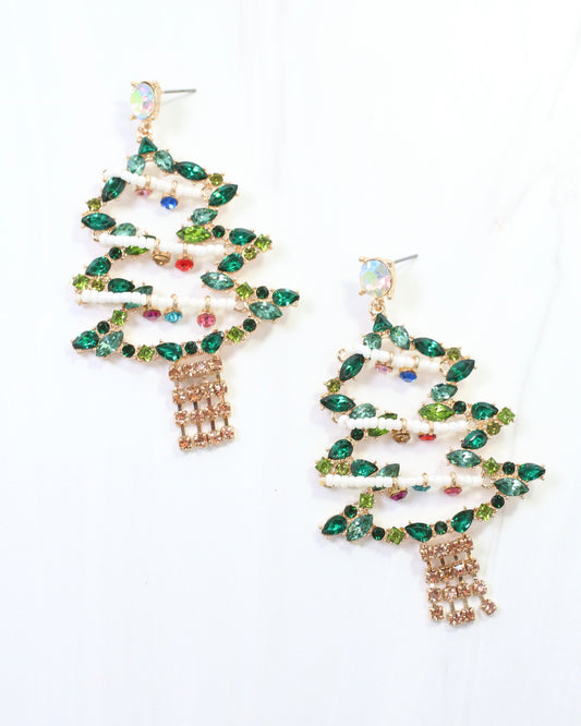 Jeweled Christmas Tree Earring Green