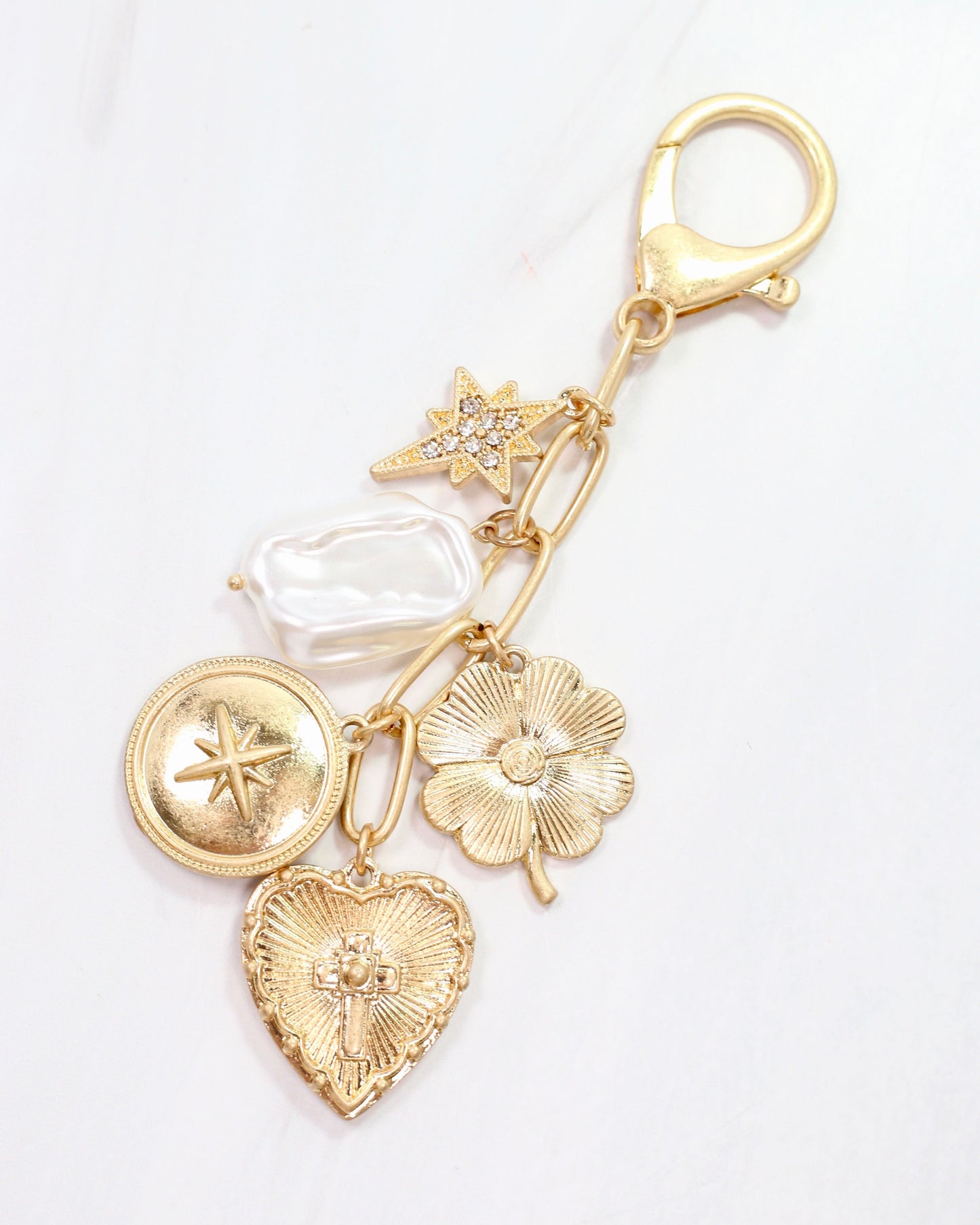 Heart and Cross Bag Charm Worn Gold