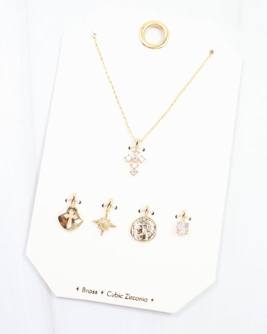 Cross and Coin Charm Necklace Set Gold