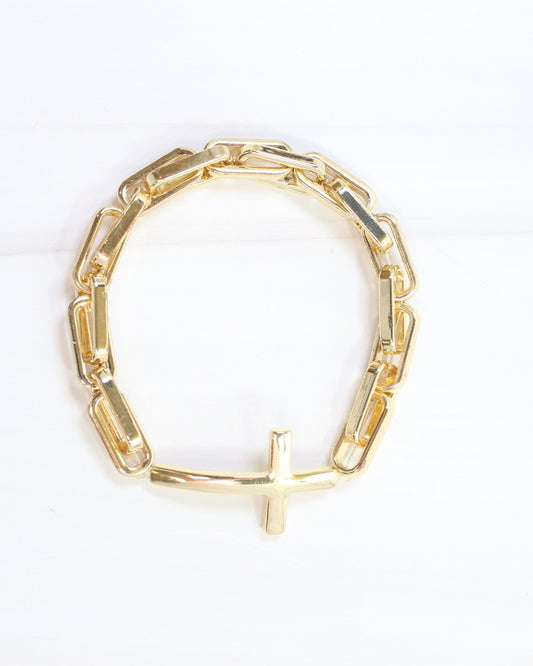 Amelia Link and Large Cross Stretch Bracelet Gold