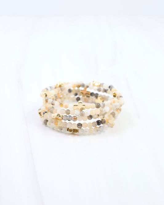 Flint Beaded Cross Stretch Bracelet Set Natural