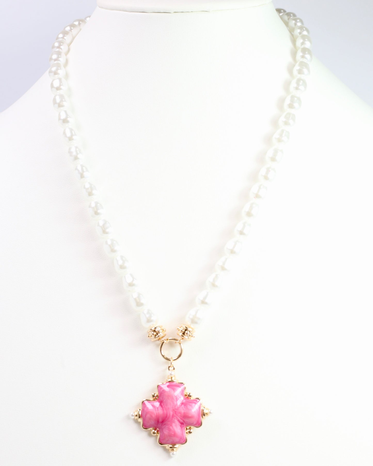 Edie Enamel Cross and Pearl Necklace Pink