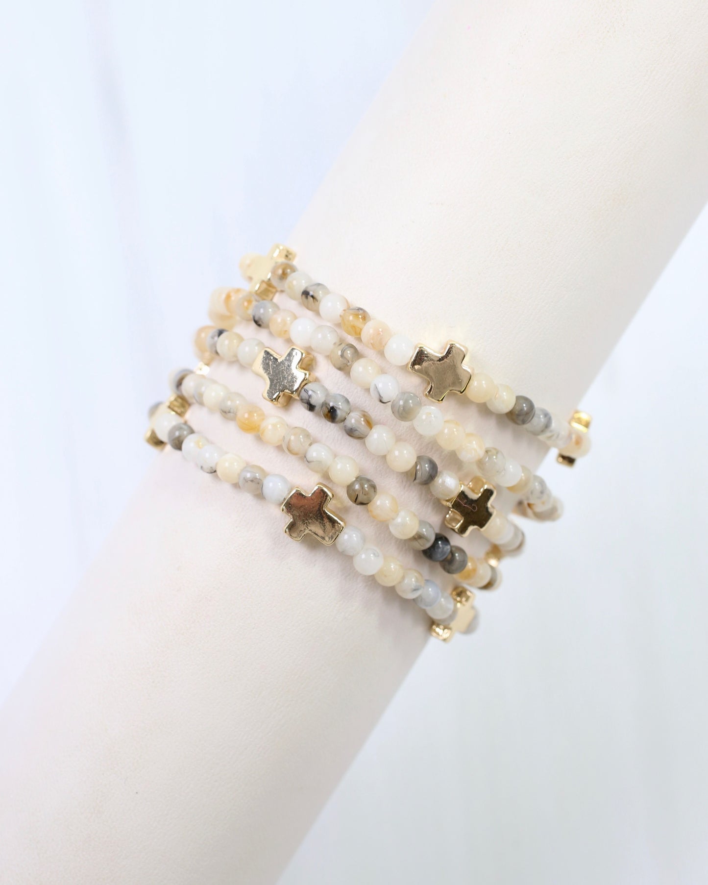 Flint Beaded Cross Stretch Bracelet Set Natural