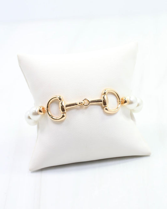 Gigi Pearl Horsebit Stretch Bracelet Cream