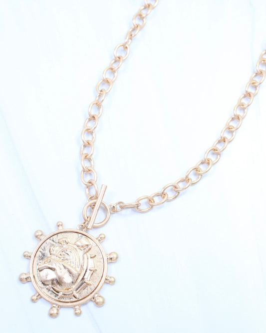 Collin Dog Coin Toggle Necklace Worn Gold