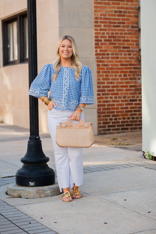 Galena Gingham Print Embroidery Top