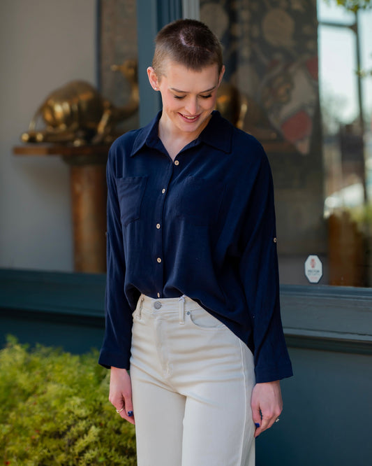 Lola Linen Long Sleeve Button Down Top-Navy