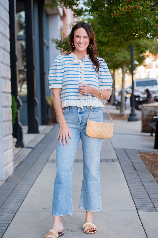 Nala Striped Short Puff Sleeve Knit Top