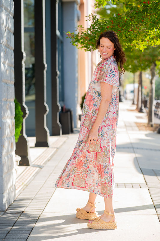 Juneau Boho Patchwork Print Midi Dress