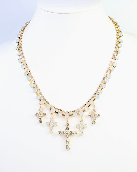 Jenna Multi Cross Rhinestone Necklace White Opal
