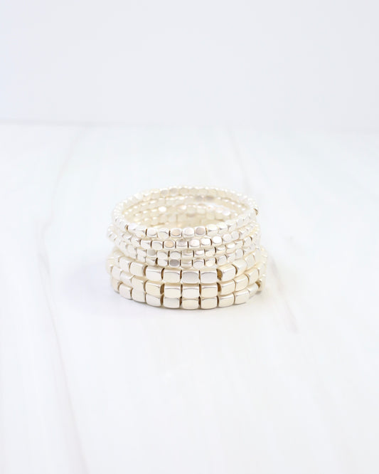Durham Square Beaded Stretch Bracelet Set Matte Silver