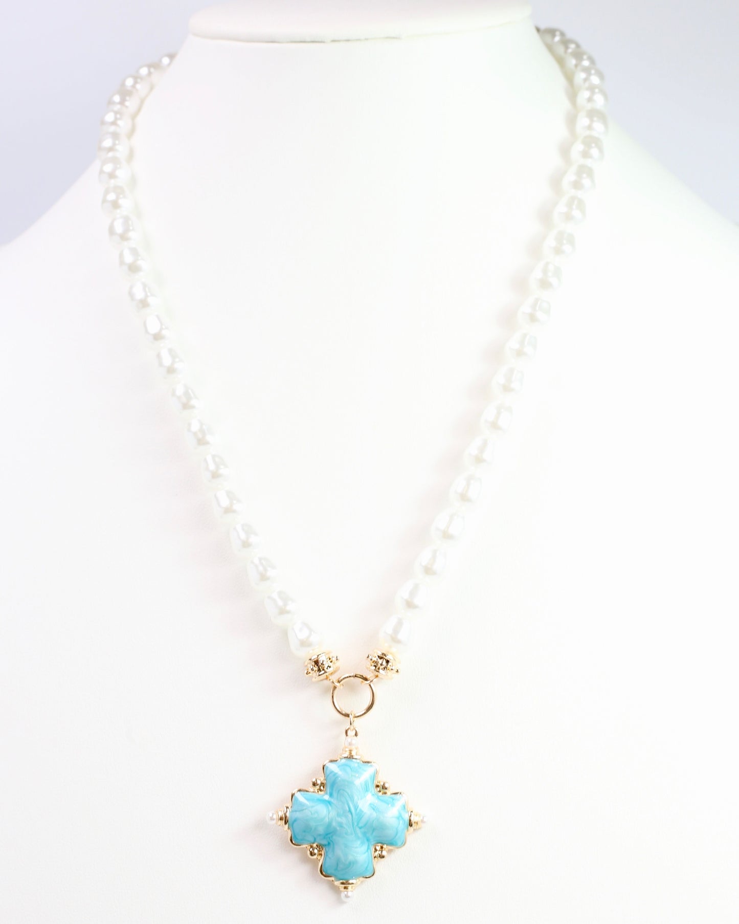 Edie Enamel Cross and Pearl Necklace Turquoise