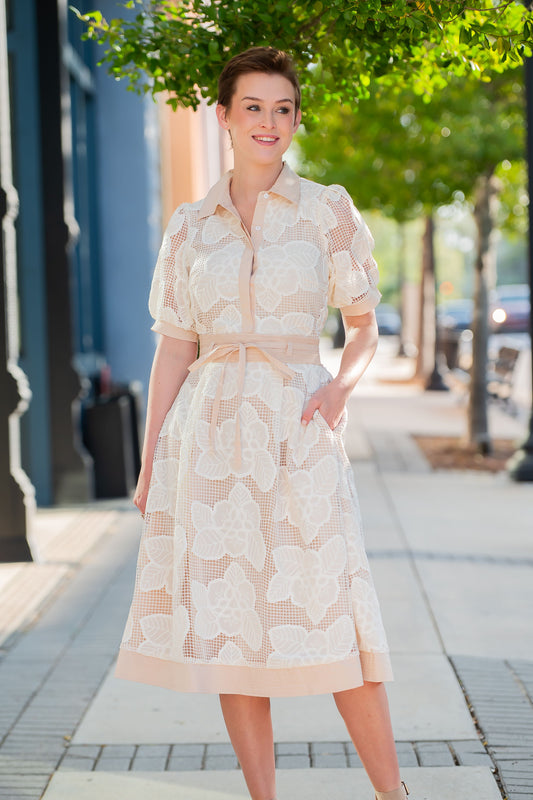Posey Floral Lace Collared Midi Dress