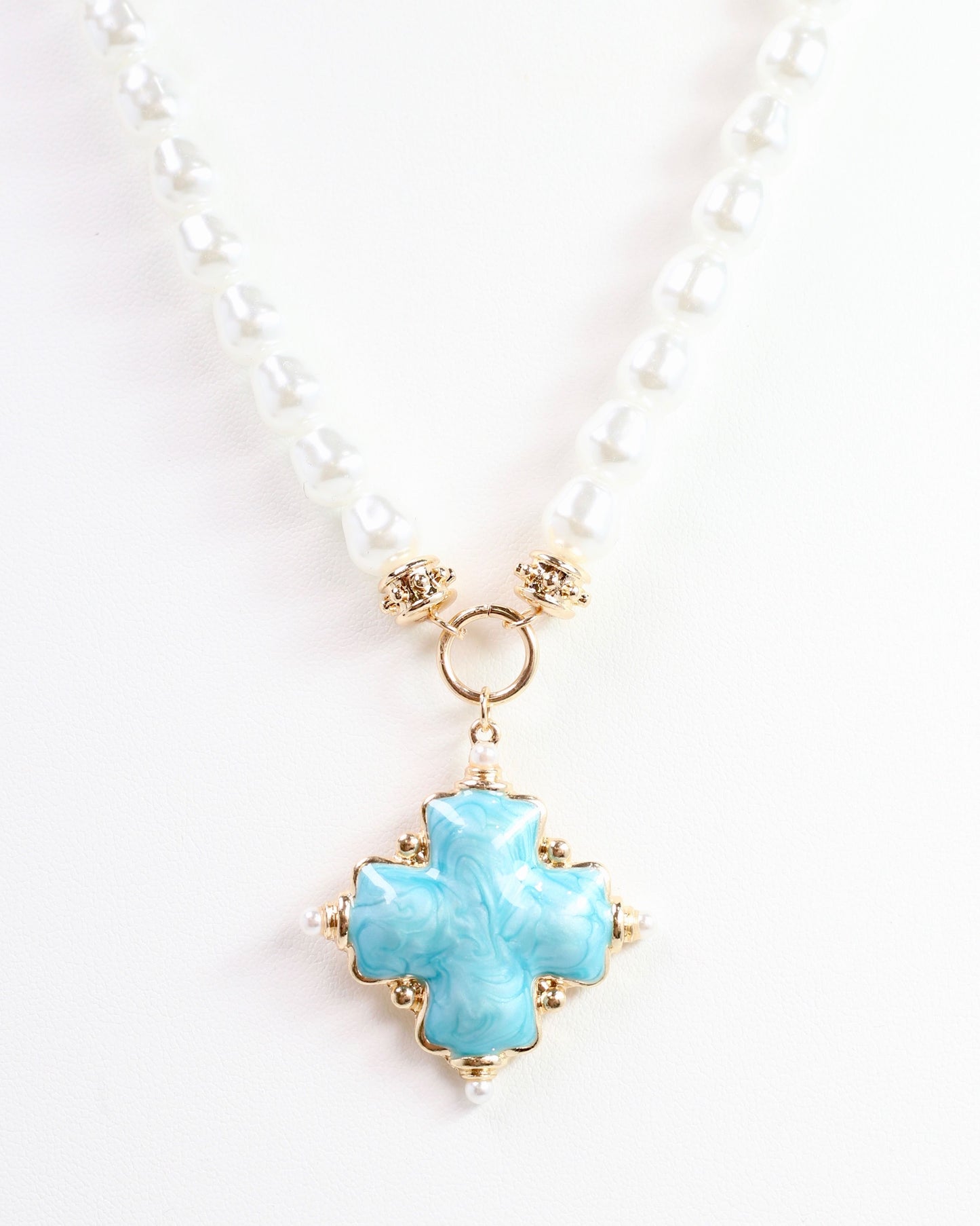 Edie Enamel Cross and Pearl Necklace Turquoise