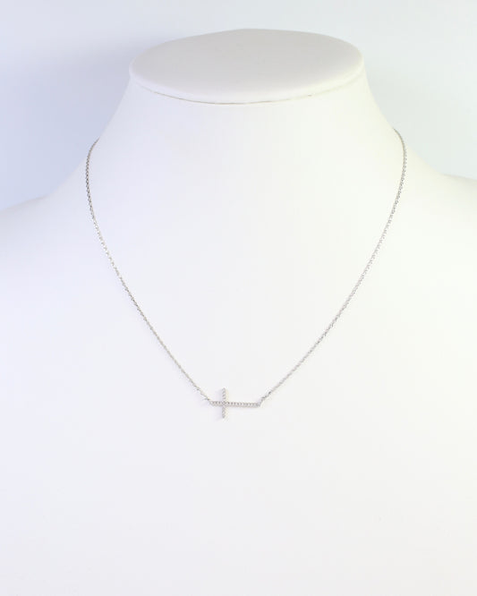 West Point CZ Side Cross Necklace Silver