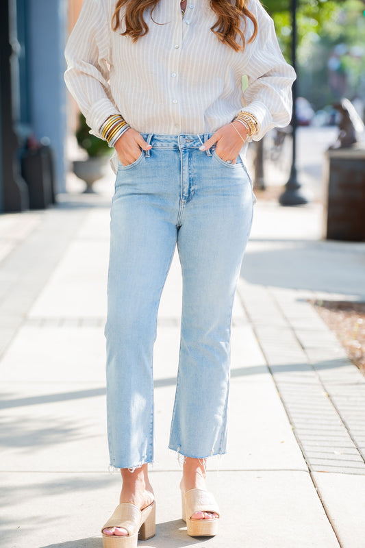 High Rise Crop Flare Distressed Hem-Light