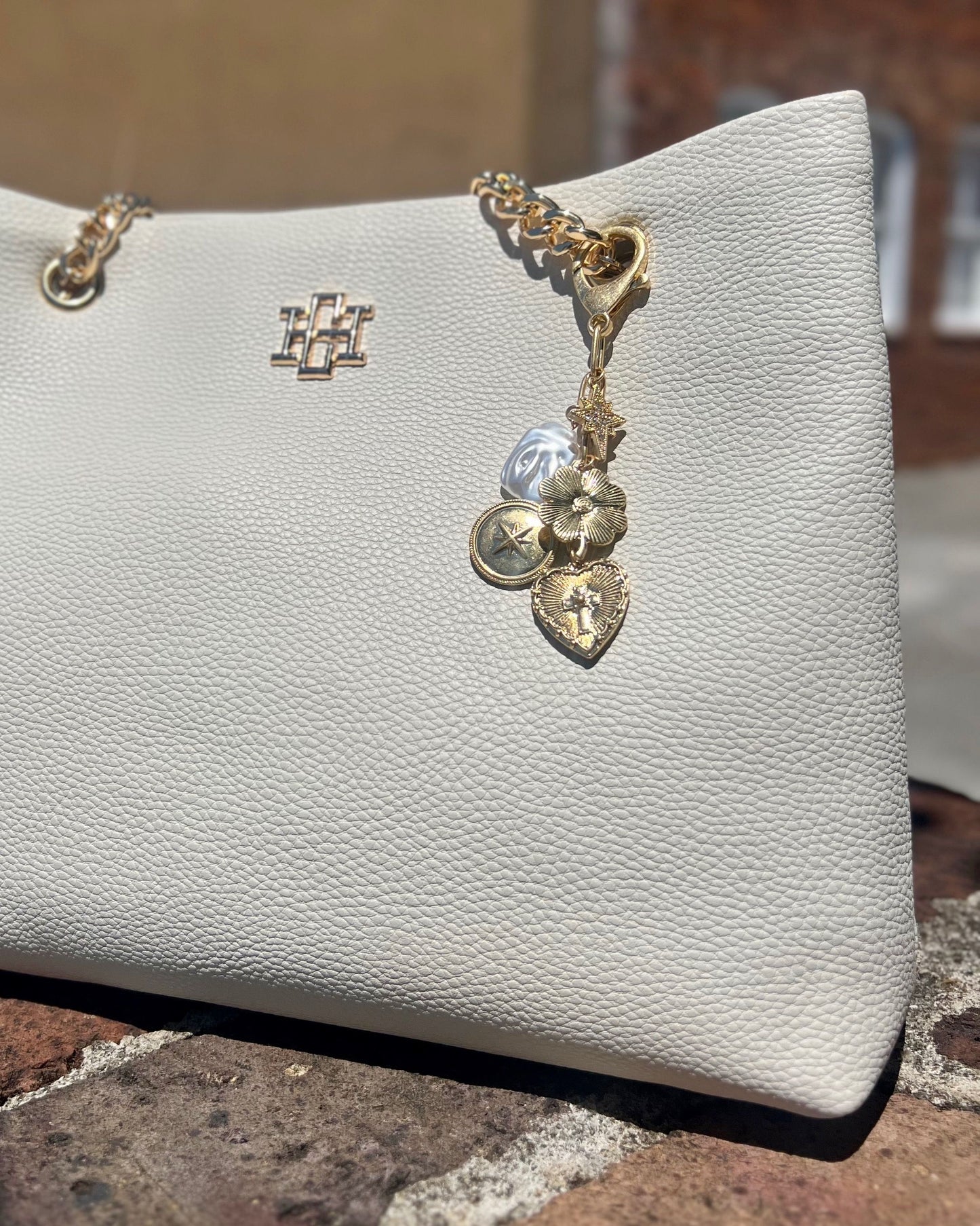 Heart and Cross Bag Charm Worn Gold