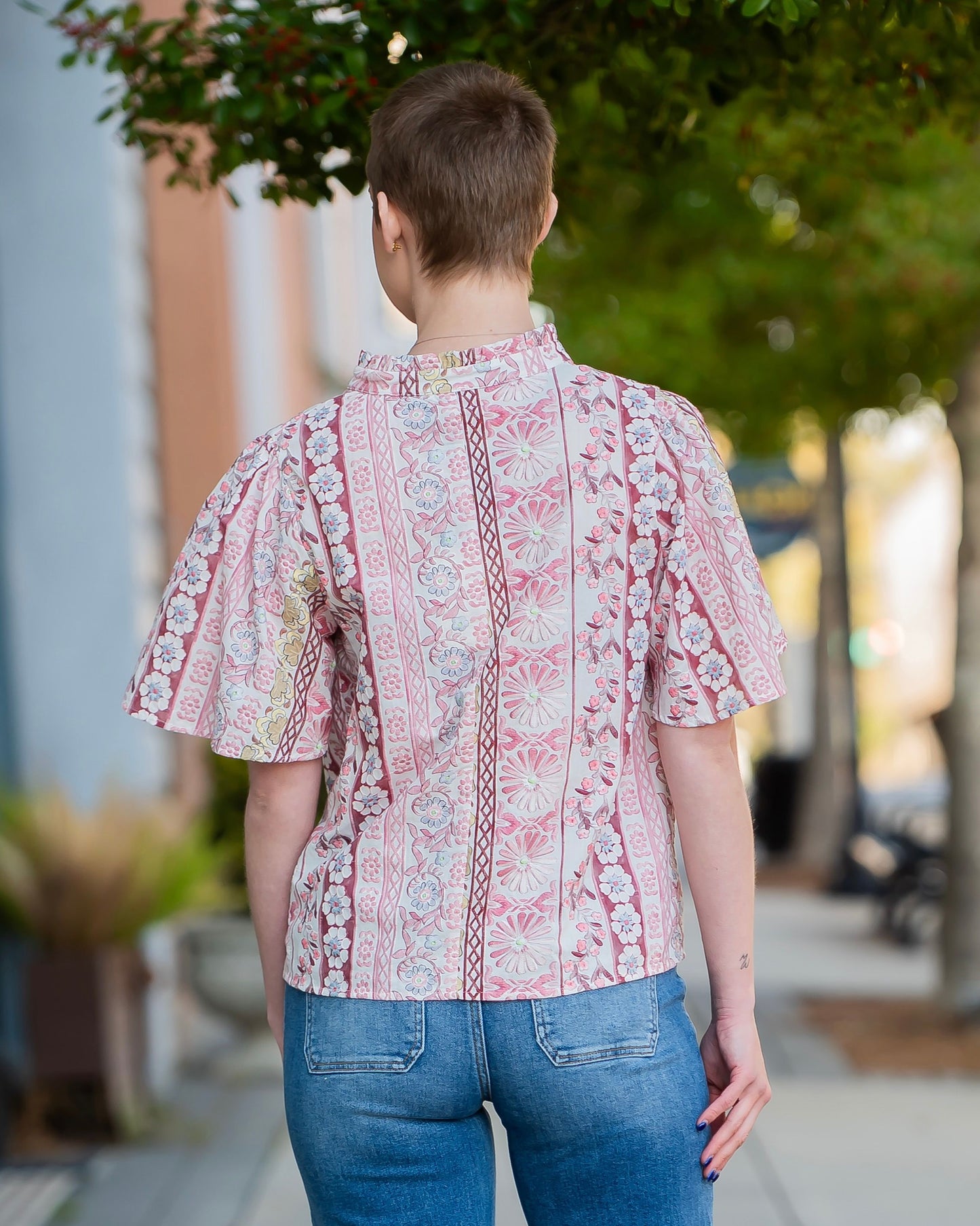 Blanche Ruffle Collar Floral Print Top-Red