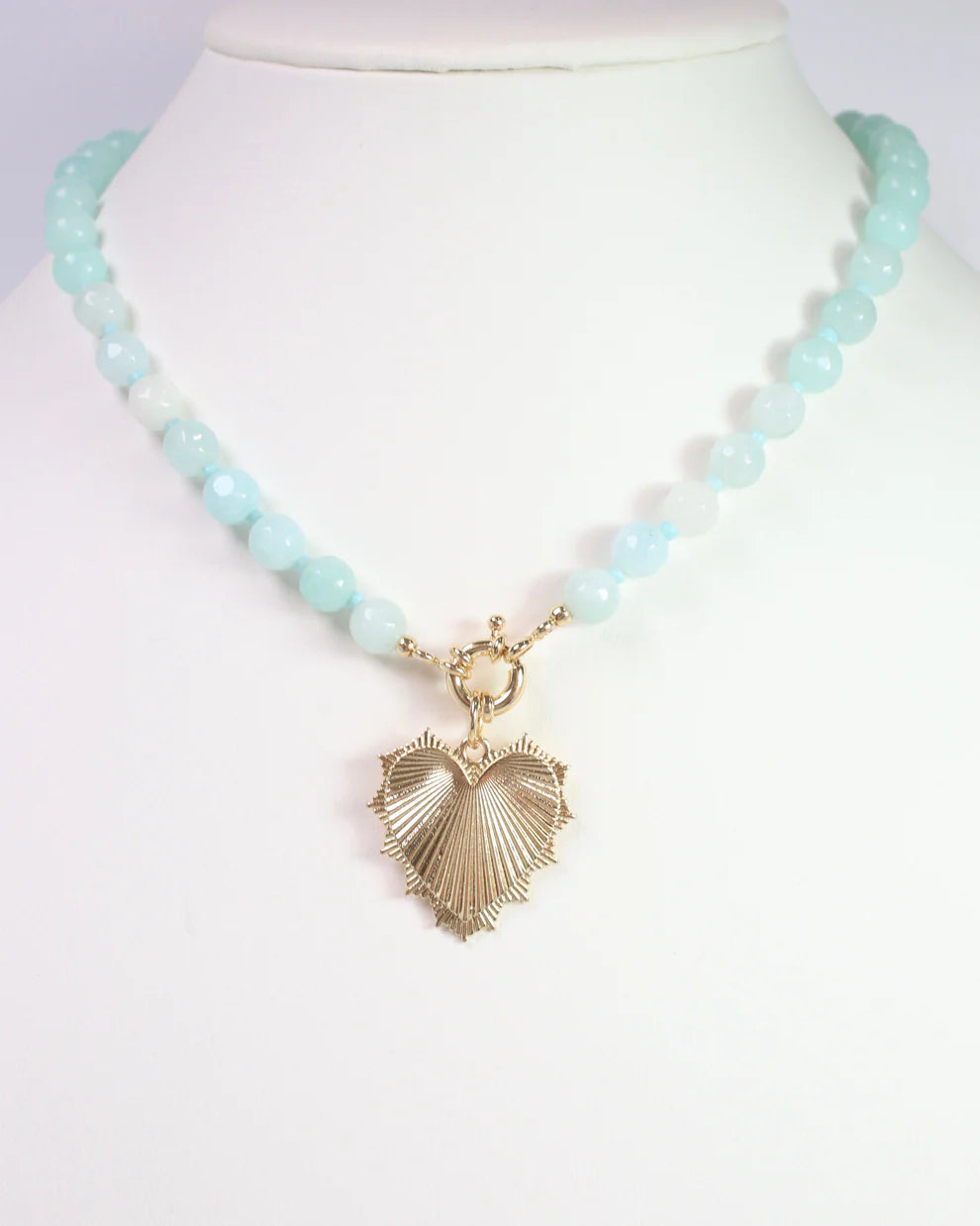 Aqua Stone and Heart Charm Necklace Gold
