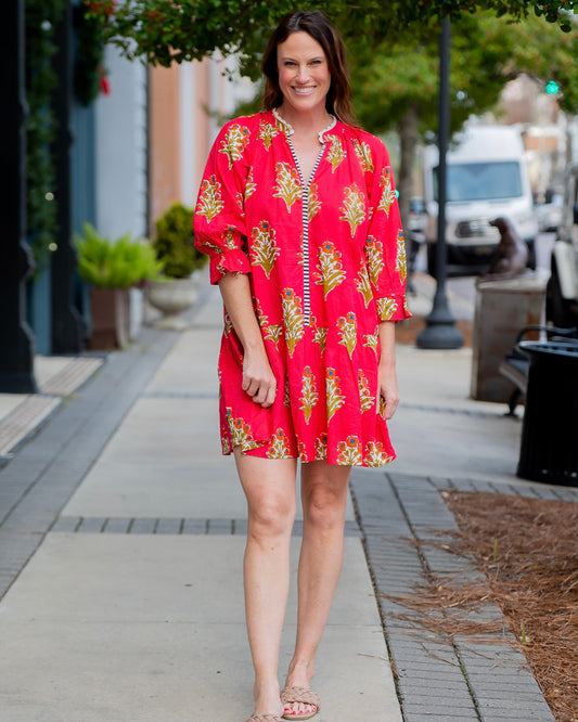 Riley Floral Print Dress-Red