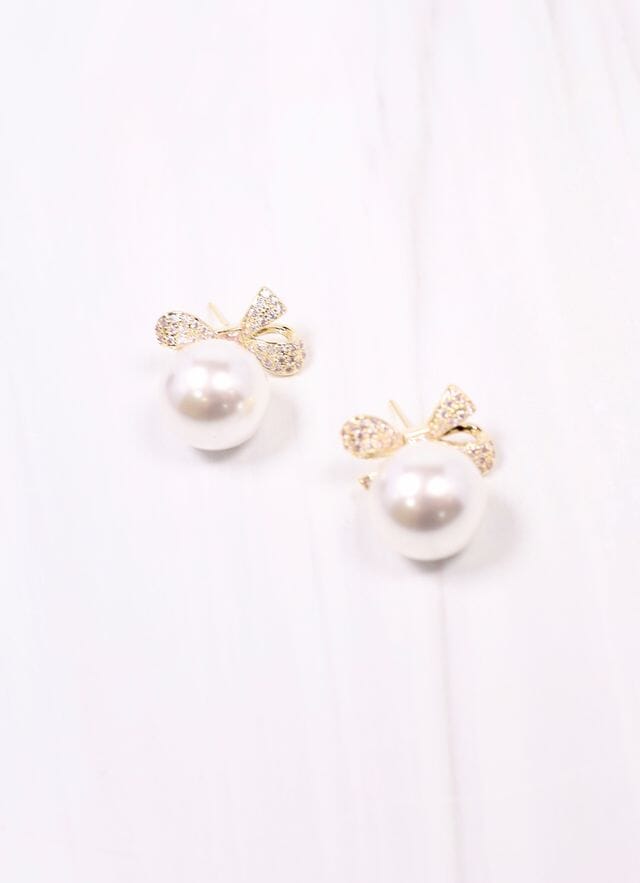 Sherry CZ Bow Earring with Pearl GOLD - Caroline Hill
