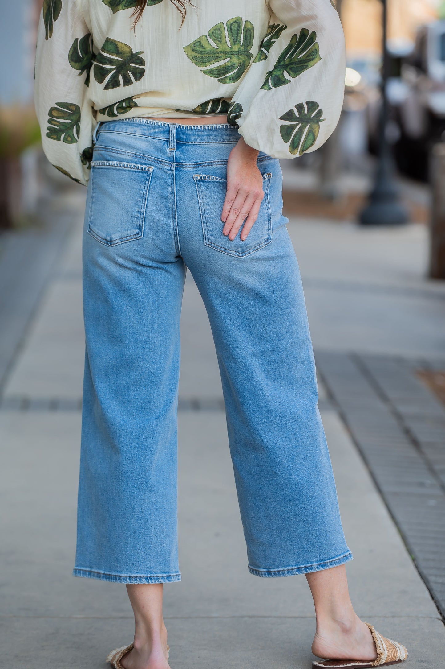 High Rise Crop Wide Jeans W/ Embroidered Detail