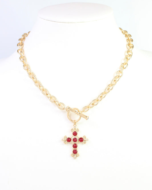 Moriah Cross Pendant Toggle Necklace Garnet