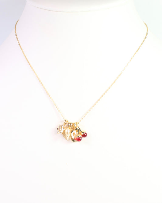 Red Cherry Charm Necklace Set Gold