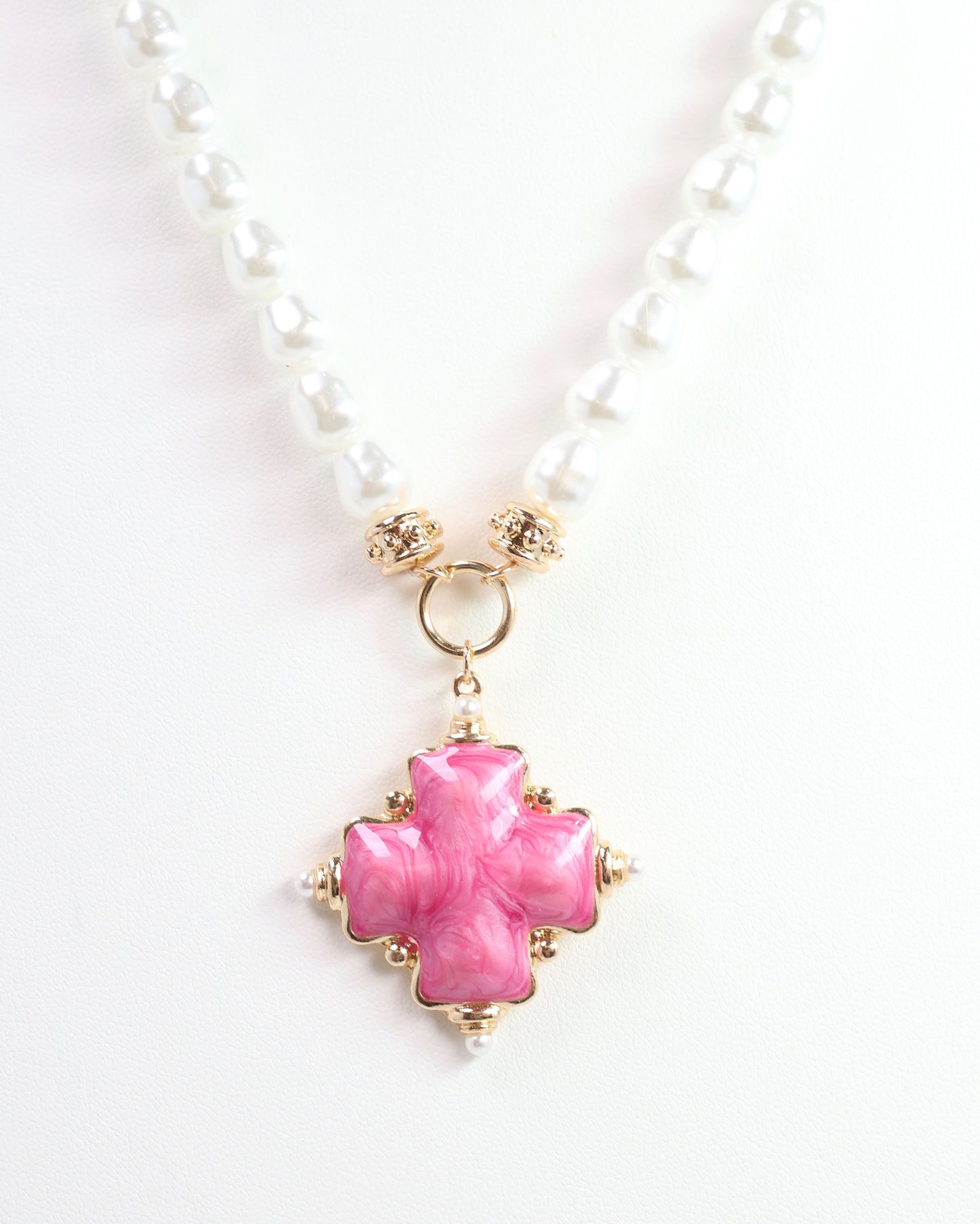 Edie Enamel Cross and Pearl Necklace Pink