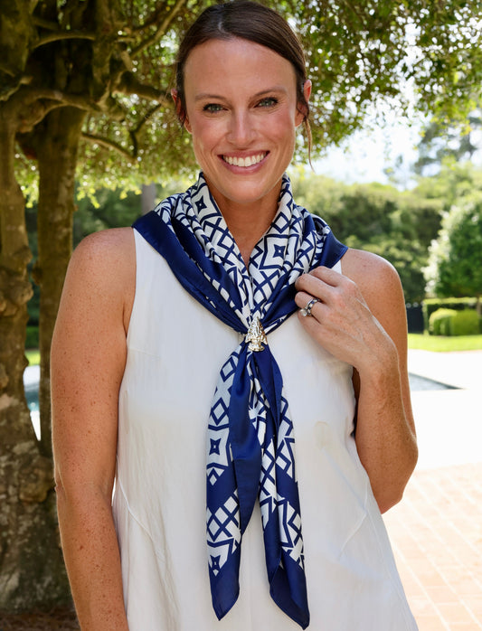 Langston Geometric Scarf Large Navy White