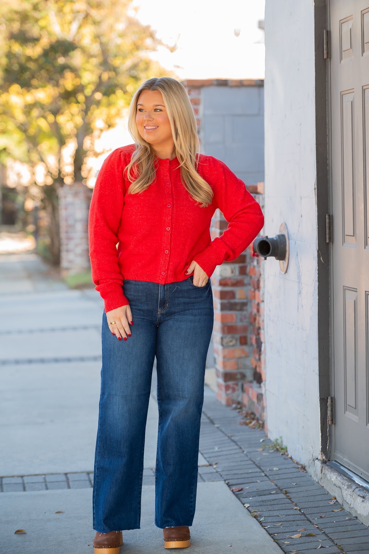 Reading Puff Sleeve Cardigan-Red