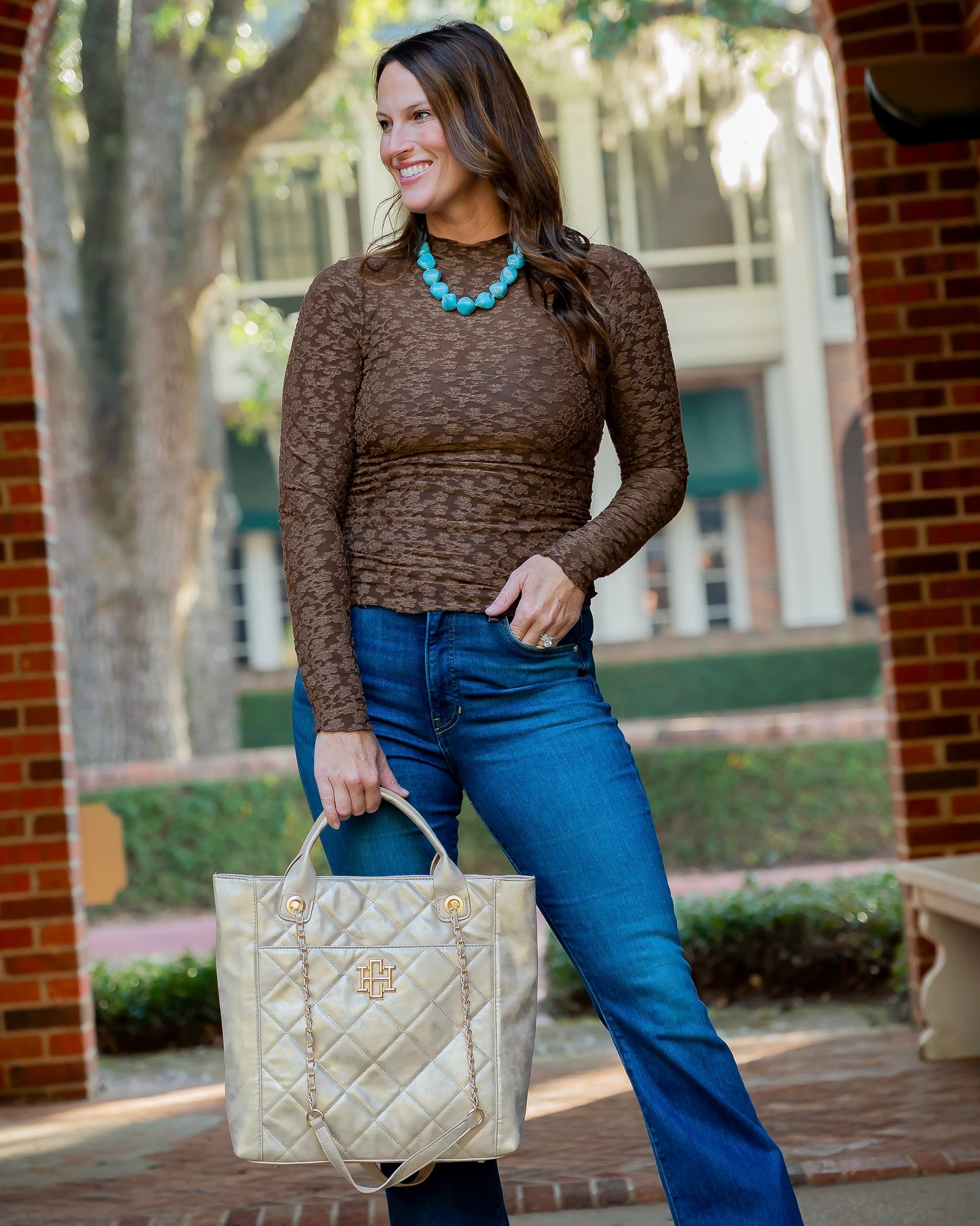 Meredith Lace Fitted Top-Brown